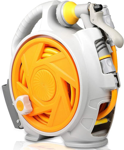 Garden Retractable Hose Reel, Portable Simple Home Hose Reel 45+5 FT with 7 Patterns Spray Nozzle, Wall Mounted and Any Length Lock for Garden Watering, Car Washing, Pet (Orange)