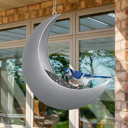 Hanging Moon Bird Feeder – Unique Metal Bird Feeders for Outdoors, Silver Rust-Resistant, Drain Holes – Wild Bird Feeder for Bluebirds, Cardinals, Finches, and Backyard Birdwatching