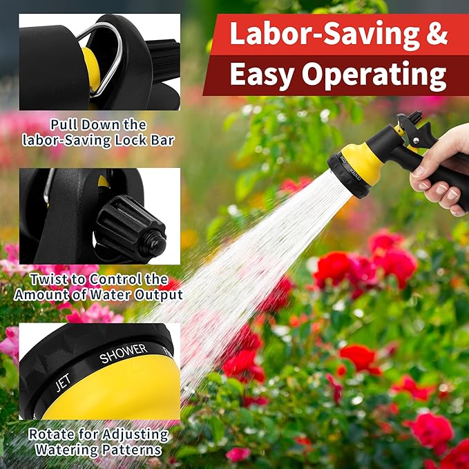 NEXCOVER Garden Hose Nozzle Sprayer - 7 Adjustable Watering Patterns Nozzle for Water Hose, Non-Slip Garden Spray Nozzle for Car Washing, Watering Plants, Pets Showering, Lawns Cleaning, Yellow