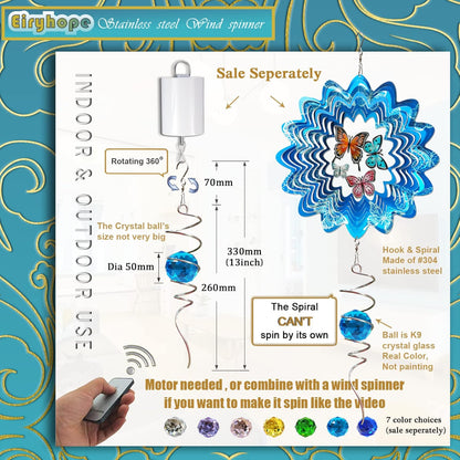 Gazing Ball Spiral Tail, Wind Spinner Spiral Peacock Blue Crystal Orb with Swivel Hook, Sun Catcher Rainbow Maker Hanging Decor for Yard Garden Rotating Art Ornaments Great Gifts 13" Height