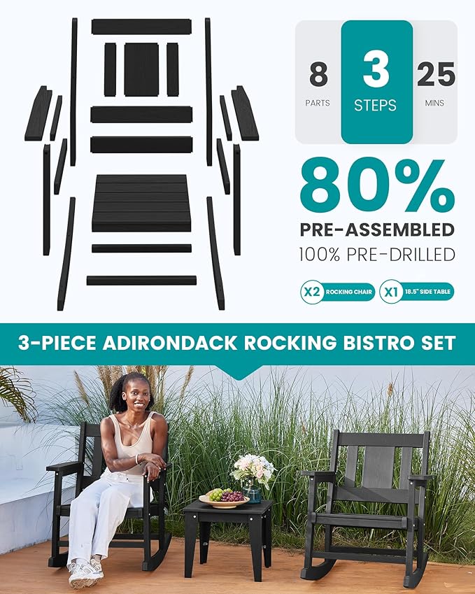 SERWALL 3 Piece Rocking Bistro Set, HDPE Patio Furniture Set with Bistro Table and Chairs for Backyard,Porch, Poolside, Balcony, and Garden- Black