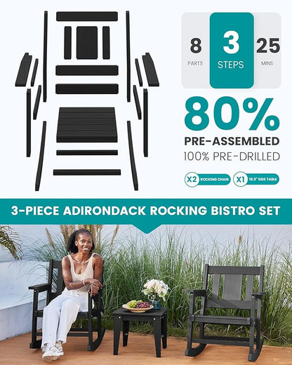 SERWALL 3 Piece Rocking Bistro Set, HDPE Patio Furniture Set with Bistro Table and Chairs for Backyard,Porch, Poolside, Balcony, and Garden- Black