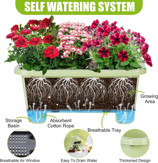 Self-Watering Rectangle Planter Boxes 8-Pack, 15.7-Inch Window Box Planter with Drainage Holes & Trays, Pots for Vegetables, Herbs, Flowers, Garden Windowsill Balcony (Light Green, 15.7*8.3*7.1 inch)
