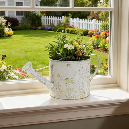 Vintage Metal Watering Can Planter with Embossed Floral - Distressed White Decorative Watering Pot for Indoor/Outdoor Flowers, Succulents & Herbs, Rustic Home Decor Accent