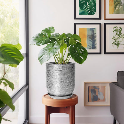 10 Inch Plant Pot - Ceramic Planter for Indoor Outdoor Flowers, Cylinder Modern Flower Pot with Drainage Hole and Saucer, Gifts for Plants Lovers, Home Garden Office House Decor, Silver