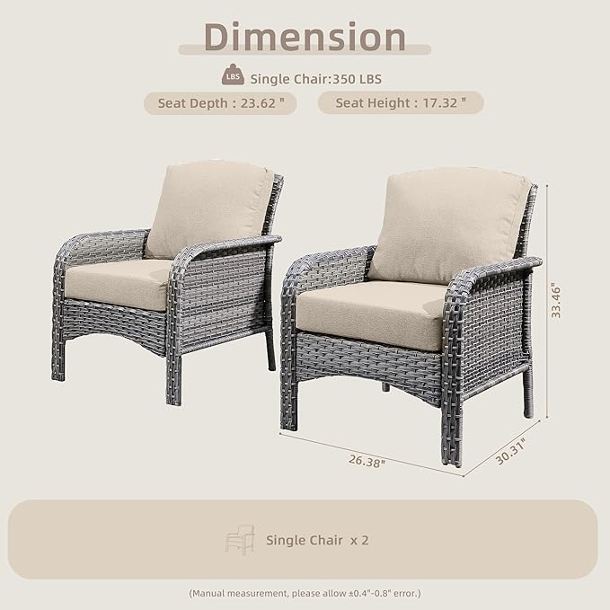 2 Pack Wicker Patio Furniture Chairs,Outdoor Rattan Chairs with Armrest Support 250 lb,Beige