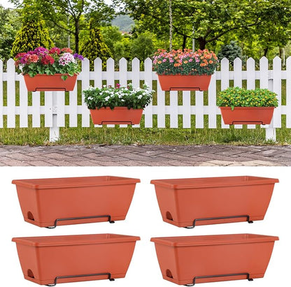 HAITRAL 16.9 Inch Deck Railing Planter Boxes for Plants, Rectangular Hanging Window Boxes Planters with Metal Flower Pots Brackets - 4 Pack Railing Planter Box for Balcony Fences Garden, Red
