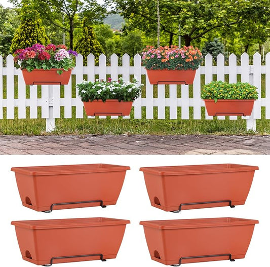 HAITRAL 16.9 Inch Deck Railing Planter Boxes for Plants, Rectangular Hanging Window Boxes Planters with Metal Flower Pots Brackets - 4 Pack Railing Planter Box for Balcony Fences Garden, Red