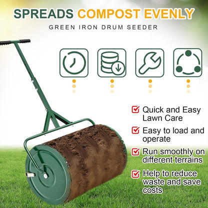 Compost Spreader, Durable Lawn Roller, Manure Spreader with Upgrade T Shaped Handle,Top Soil Spreader for Lawn and Garden Care Manure Spreaders Roller (12.5 Inch-T-Green-S)