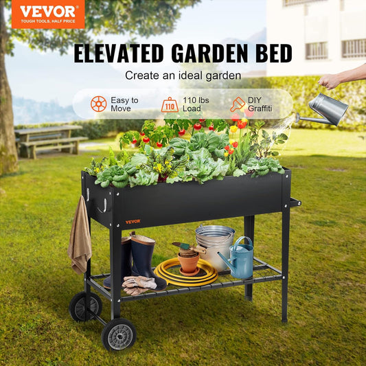 VEVOR Raised Planter Box with Legs and Wheels, Larger Size 43.3x19.5x31.5 Outdoor Elevated Garden Bed On Wheel, Metal Planting Boxes for Growing Flowers/Vegetables/Herbs in Backyard/Garden/Balcony