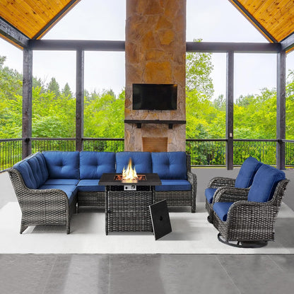 Outdoor Sectional Sofa Furniture Set with Propane Fire Pit Table, Wicker Patio Conversation Set with 2 Swivel Glider Rocker Chairs Blue Cushion Perfect for Backyard Casual Gathering