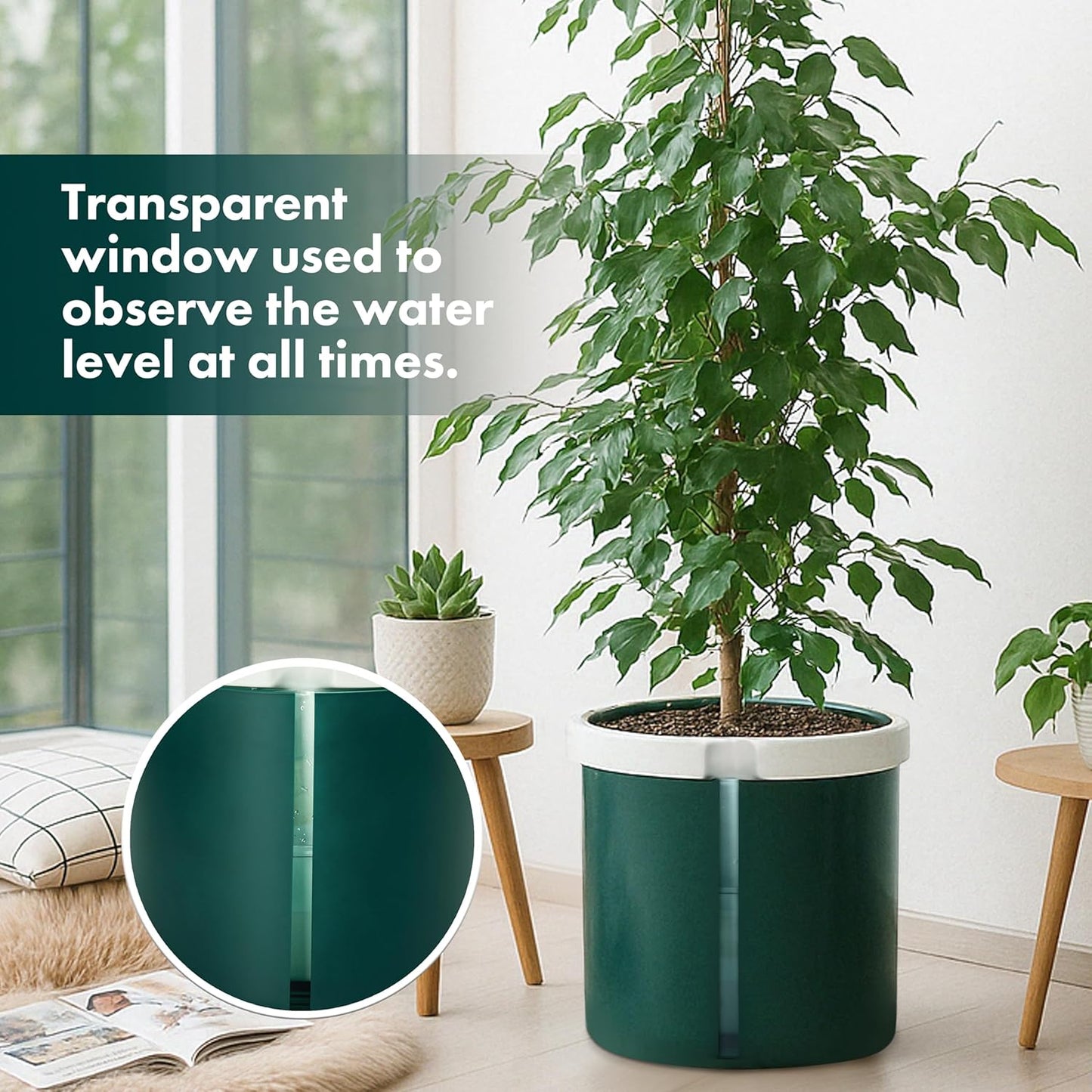 D'vine Dev 10 Inch Design Self Watering Planter for Indoor Plants, White Terracotta Pot with Teal Cylinder Glass Cup, 37-X-D-5