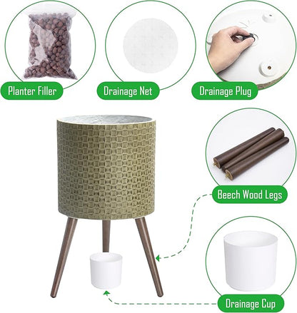 D'vine Dev 14 Inch Modern Geometric Tile Patterned Sleek Planter Pot with Stand, Indoor Outdoor Decorative Plant Holder, Distressed Olive, 88-Z-D-4