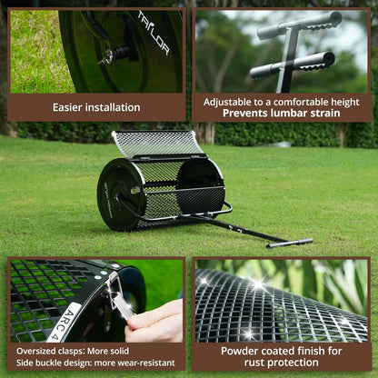 Compost Spreader 30 Inch Peat Moss Spreader with Installation Support Accessories, Metal Mesh Roller Lawn Spreader for Top Soil, Manure, Mulch, Top Dressing - Garden spreaders for lawns