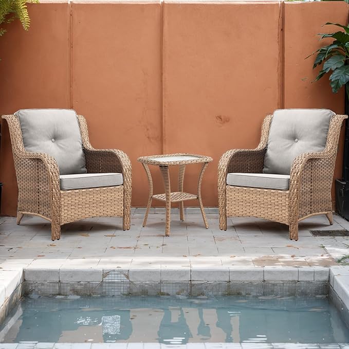 Rilyson Patio Furniture Chairs Outdoor Chair - 2 Piece Wicker Rattan Chairs Set with High Back and Deep Seating for Deck Porch Balcony Backyard Garden(Yellow/Beige)