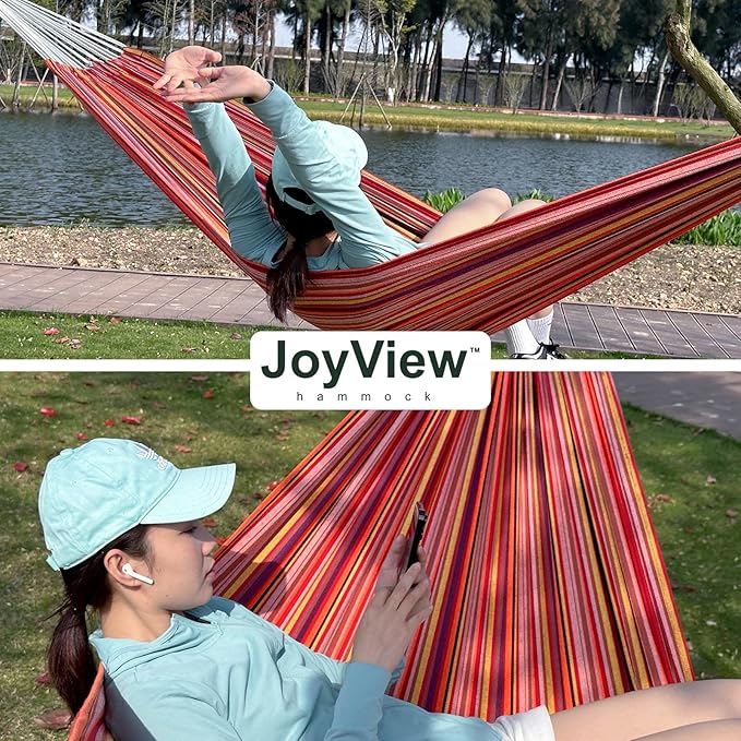 JoyView Brazilian Double Hammock with Hanging Ropes Extra Large 86.6x59” Portable Cotton Hammock for Patio Backyard Porch 450LBS Weight Capacity Perfect for Outdoor/Indoor - Color Stripes