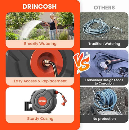 Upgraded Retractable Garden Hose Reel 5/8 in x 90 ft PRO 180° Swivel Metal Bracket Automatic Retract Heavy Duty Hose Reels Wall Mount Any Length Lock 9 Pattern Nozzle Garden Watering