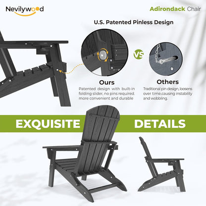 Folding Adirondack Chair, Ergonomic Extended Backrest, HDPE All-Weather, 400lbs Capacity, Maintenance-Free, Cup Holder, （Black）- Outdoor Patio & Firepit Chair