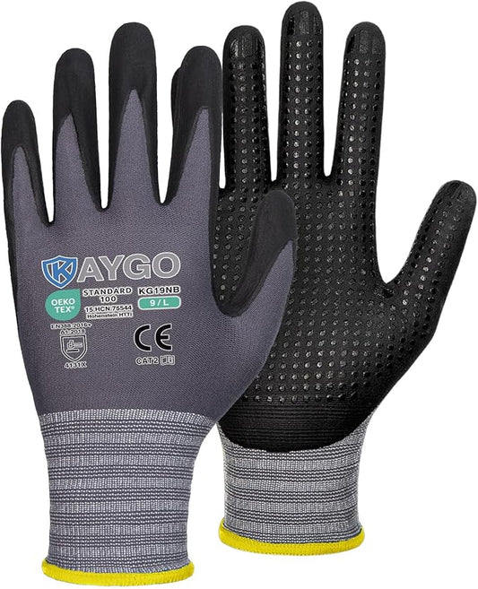 KAYGO MicroFoam Nitrile Coated Work Gloves, 3 Pairs KG19N Seamless Knit Nylon, Micro Dots for Enhanced Grip, Breathable and Durable, Ideal for Automotive, General Assembly, Painting, Gray, L