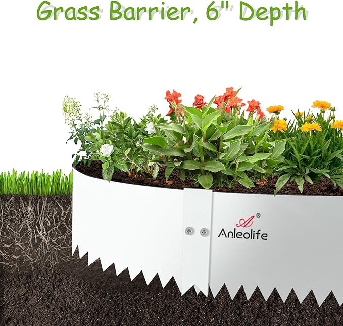 A ANLEOLIFE 6 Pack 40" LX 6" H Galvanized Steel Garden Landscape Edging, Bendable Hammer-in Metal Lawn Border with Gloves and 10 Stakes (20FT Total) (6 inch Tall, Antique White)