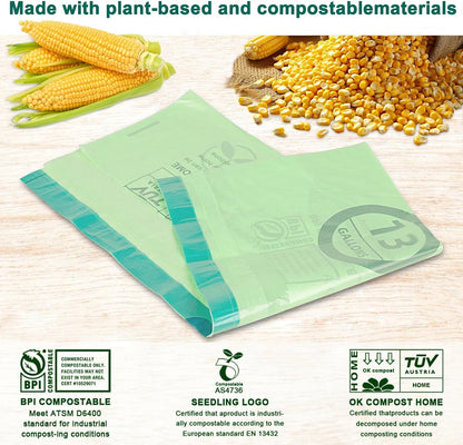 13 Gallon,100 Count, Compostable Trash Bags with Drawstring,Tear Resistant Kitchen Food Scrap Waste Bag, ASTM D6400, US BPI and Europe OK Compost Home Certified