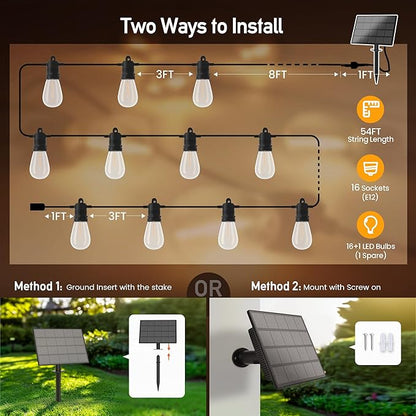 Solar String Lights Outdoor Waterproof 54 FT 16 Sockets 17 LEDs Patio Lighting, USB Charge & Remote Controlled Dimmer Timer, Solar Outdoor Lights for Patio Yard Outside Camping Party 2700K