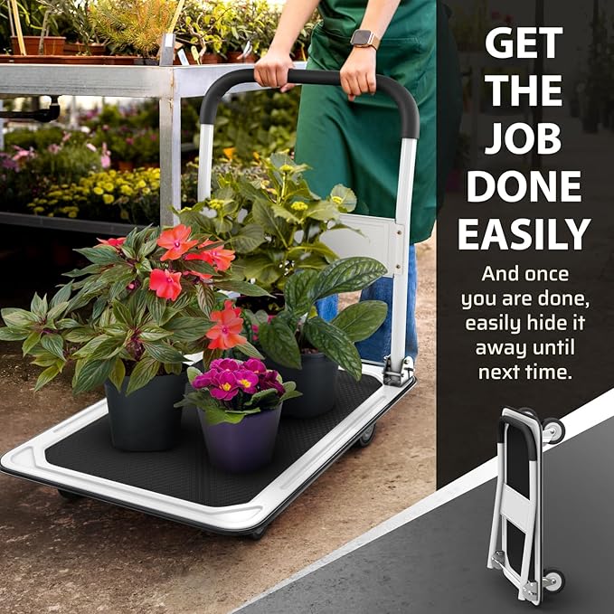 Upgraded Foldable Push Cart Dolly | 330 lbs. Capacity Moving Platform Hand Truck | Heavy Duty Space Saving Collapsible | Swivel Push Handle Flat Bed Wagon (White, 660 lbs. Capacity)