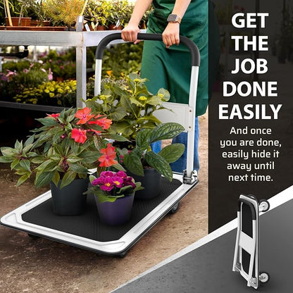 Upgraded Foldable Push Cart Dolly | 330 lbs. Capacity Moving Platform Hand Truck | Heavy Duty Space Saving Collapsible | Swivel Push Handle Flat Bed Wagon (White, 660 lbs. Capacity)