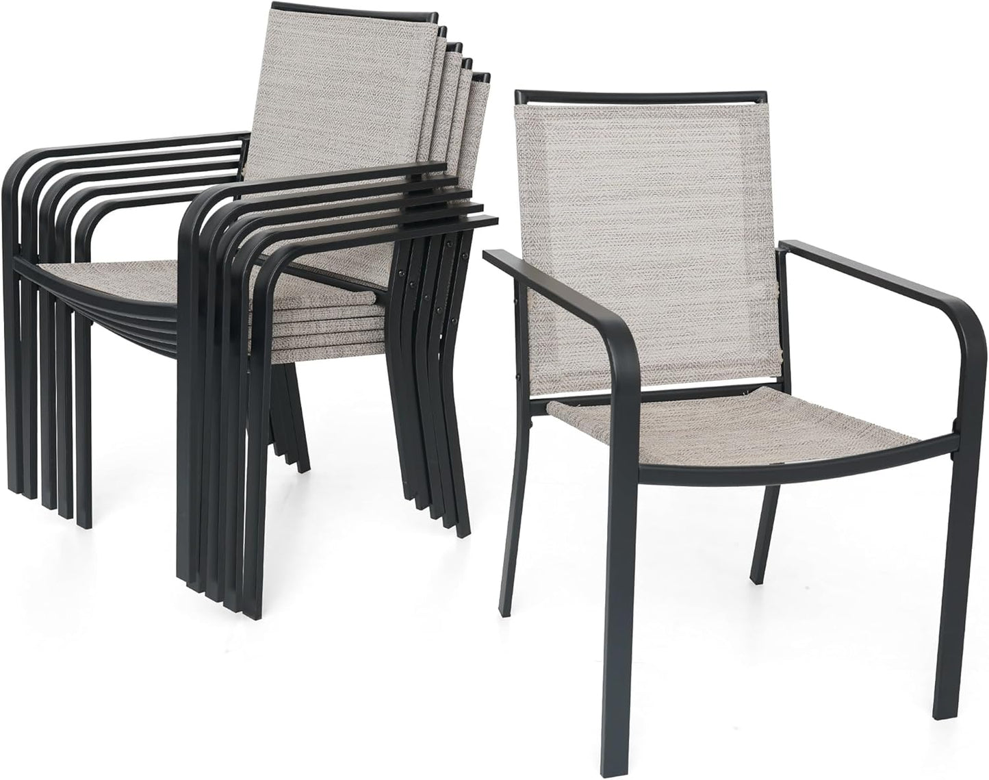 7-Piece Outdoor Dining Set, 48'' Round Table with 6 Stackable Chairs All Weather Furniture Set - Beige Grey