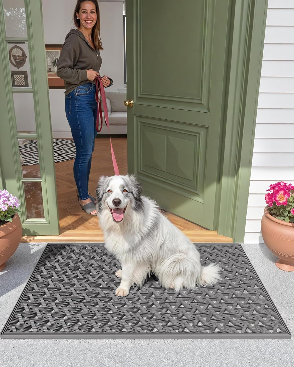 Color&Geometry Door Mat Outside Entrance with Drainage, Rubber Heavy Duty Dirt Trapper Waterproof Outdoor Welcome Mat, Outdoor Mats All Weather for Front Back Door Patio Entryway Entry, 24"X36" Grey