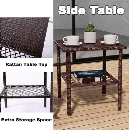 DECMICO 3 Pieces Patio Furniture Set, Wicker Rocking Chairs Bistro Set with Coffee Table, Outdoor Conversation Set for Garden and Balcony (Brown Rattan Beige Cushion)