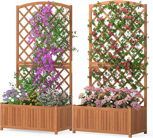 HAPPYGRILL Wooden Raised Garden Bed with Trellis, 63" Tall Planter Box with Trellis & Slat Bottom Base Vine Climbing Plants Flowers, Outdoor Freestanding Garden Box for Backyard Balcony (2)