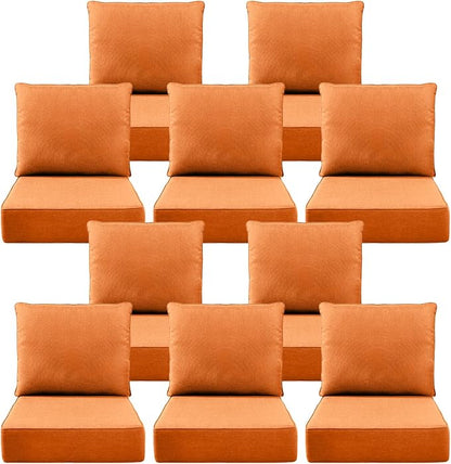 Luxury 6" Outdoor Cushions for Patio Furniture, 24x24x6" Thick Seat Cushion Set of 10, Fade Resistant Couch Chair Replacement Cushions High Density Wicker Chair Cushion w/ Removable Cover, Orange