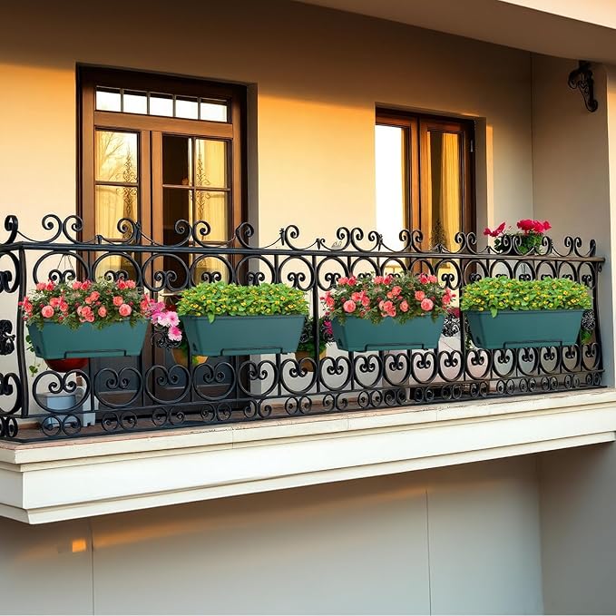 HAITRAL Railing Planter Boxes (16.9 Inch, 4 Pack) Green Plastic Deck Rail Planter for Outdoor Plants, Hanging Window Boxes Planter with Drainage Tray for Over Rail Porch Fence,Balcony & Home Decor