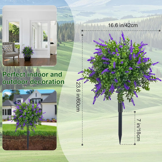 23.6" Artificial Lavender Topiary Ball Trees with Ground Spike, 2 Pack Faux Potted Plants with UV Resistant Purple Flowers for Indoor Outdoor Home Garden Patio Porch Decoration