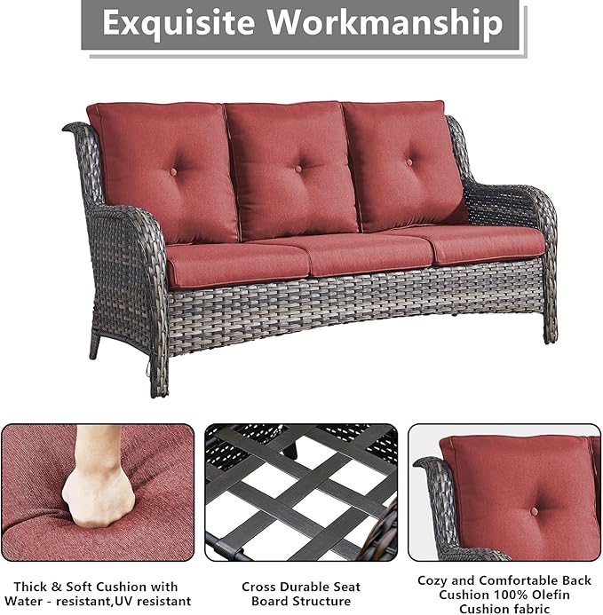 Outdoor Patio Wicker Furniture Set - 6 Piece Rattan Patio Conversation Sectional Sofa Set with 1 Couch,2 Armchairs,2 Ottomans and 1 Glass Top Coffee Table for Porch Deck Garden(Mixed Grey/Red)