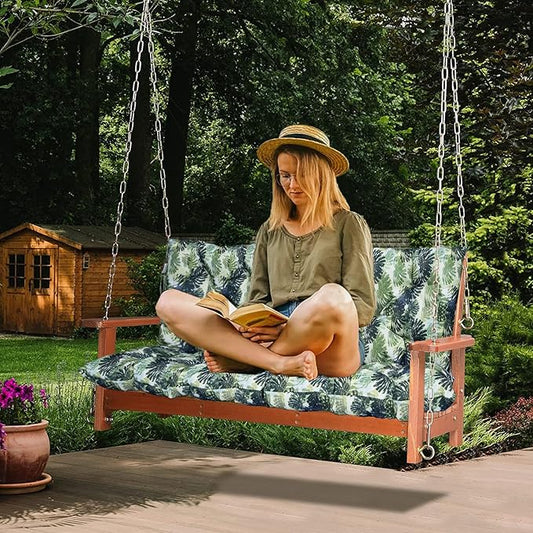 Swing Replacement Cushions with Backrest, 2 or 3 Seater Waterproof Non-Slip Overstuffed Swing Pad, Indoor/Outdoor Bench Cushion for Porch Chair Swings Garden Furniture (Palm Leaves, 40 * 71 in)