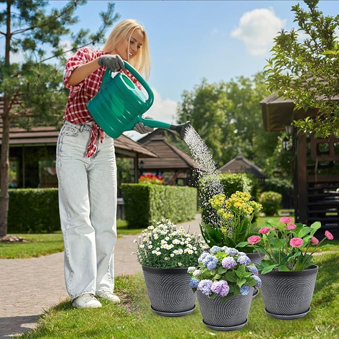 Quarut 4 Pack 15 Inch Large Planter Pot for Plants Outdoor Indoor, Plastic Flower Pots with Drainage Hole & Saucer, Modern Decorative Medium Large Plant Garden Pot, Plant Container for House (Gray)