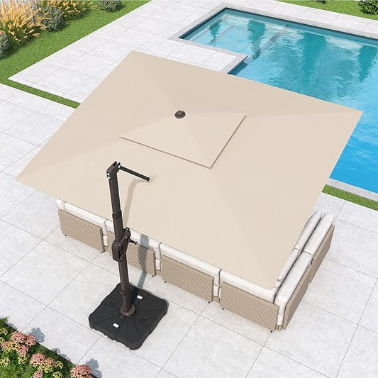 10x13 FT Cantilever Patio Umbrella with Base Included Double Top Outdoor Rectangular Large Heavy Duty Aluminum Offset Umbrellas with 7 Level Tilt 360-degree Rotation for Pool Garden Deck, Beige