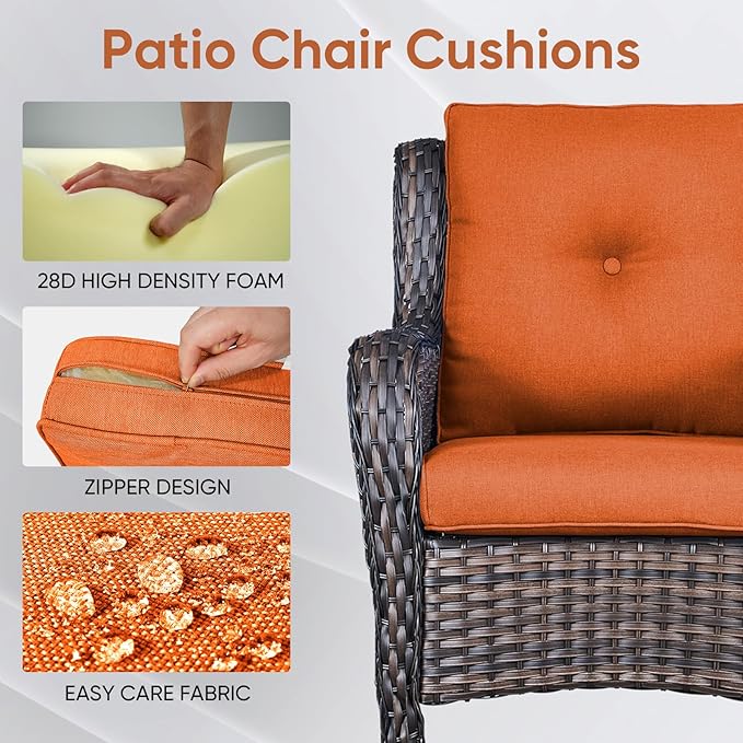 Outdoor Chair Cushions 3 Packs - Outside High Back Thick Water-Resistant Cushion 22x24 with Zipper Cover for Patio Glider Rocking Chairs Loveseat Couch – Orange/Buckle