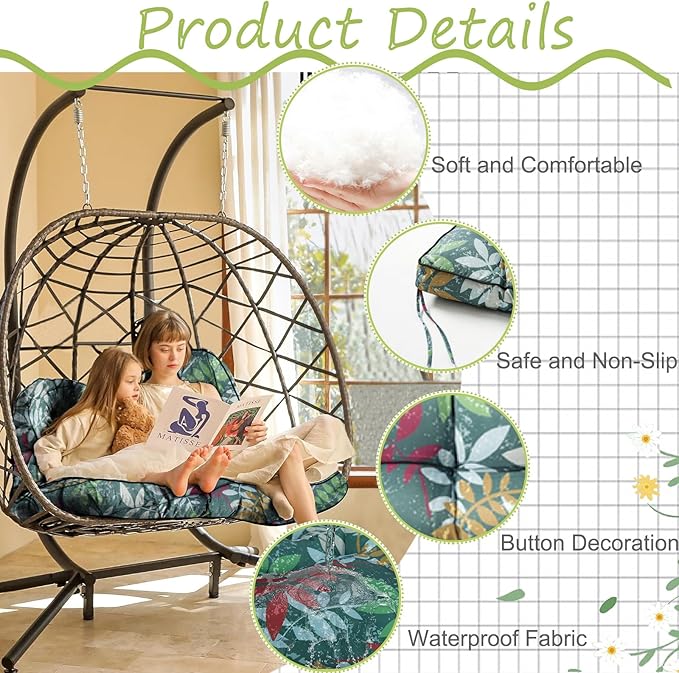 Swing Replacement Cushions with Backrest, 2 or 3 Seater Waterproof Non-Slip Overstuffed Swing Pad, Indoor/Outdoor Bench Cushion for Porch Chair Swing Garden Furniture (Flower color, 40 * 55 in)