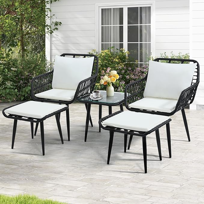5 Piece Wicker Bistro Patio Conversation Furniture Set, Includes 2 Chairs, 2 Ottomans, and Side Table, Ideal for Porch, Balcony, Deck, Backyard, Black