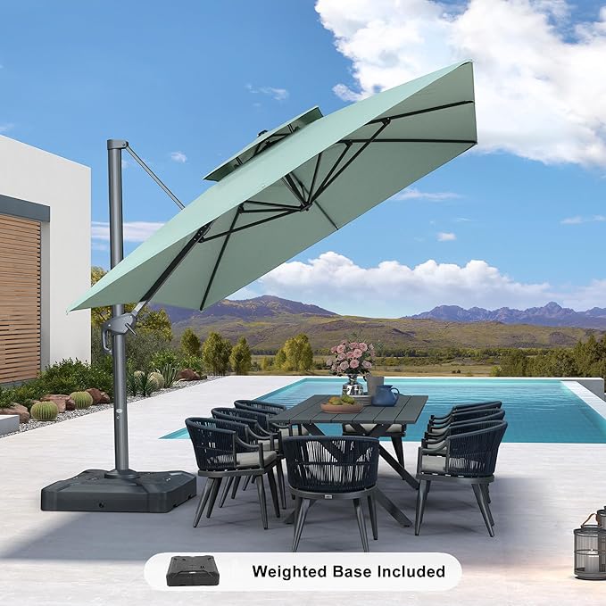 PURPLE LEAF 10' x 13' Cantilever Patio Umbrella Outdoor Umbrella with 330lbs Base Large Rectangular Windproof Offset Umbrella for Pool Deck Garden, Mint Green
