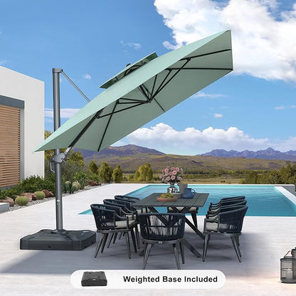 PURPLE LEAF 10' x 13' Cantilever Patio Umbrella Outdoor Umbrella with 330lbs Base Large Rectangular Windproof Offset Umbrella for Pool Deck Garden, Mint Green