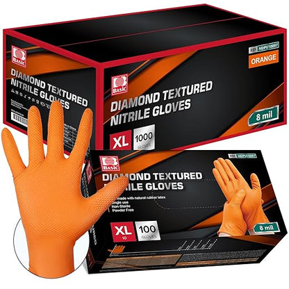 Jointown Basic Heavy Duty Nitrile Gloves, Mechanic Gloves 8 Mil Nitrile Disposable, with Raised Diamond Texture, Case of 1000, Orange, XLarge