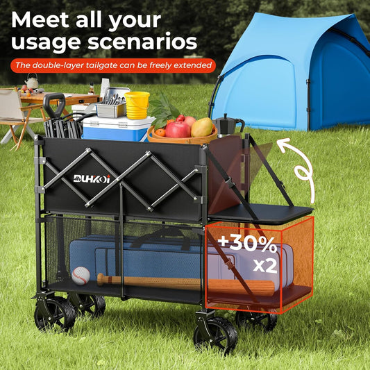 Double Decker Wagon 320L Large Capacity 400LBS Collapsible Sports Utility Cart with Big Wheels,Double Extended Tailgate Heavy Duty Folding Wagon Cart for Groceries,Camping,Beach,Garden,Outdoor
