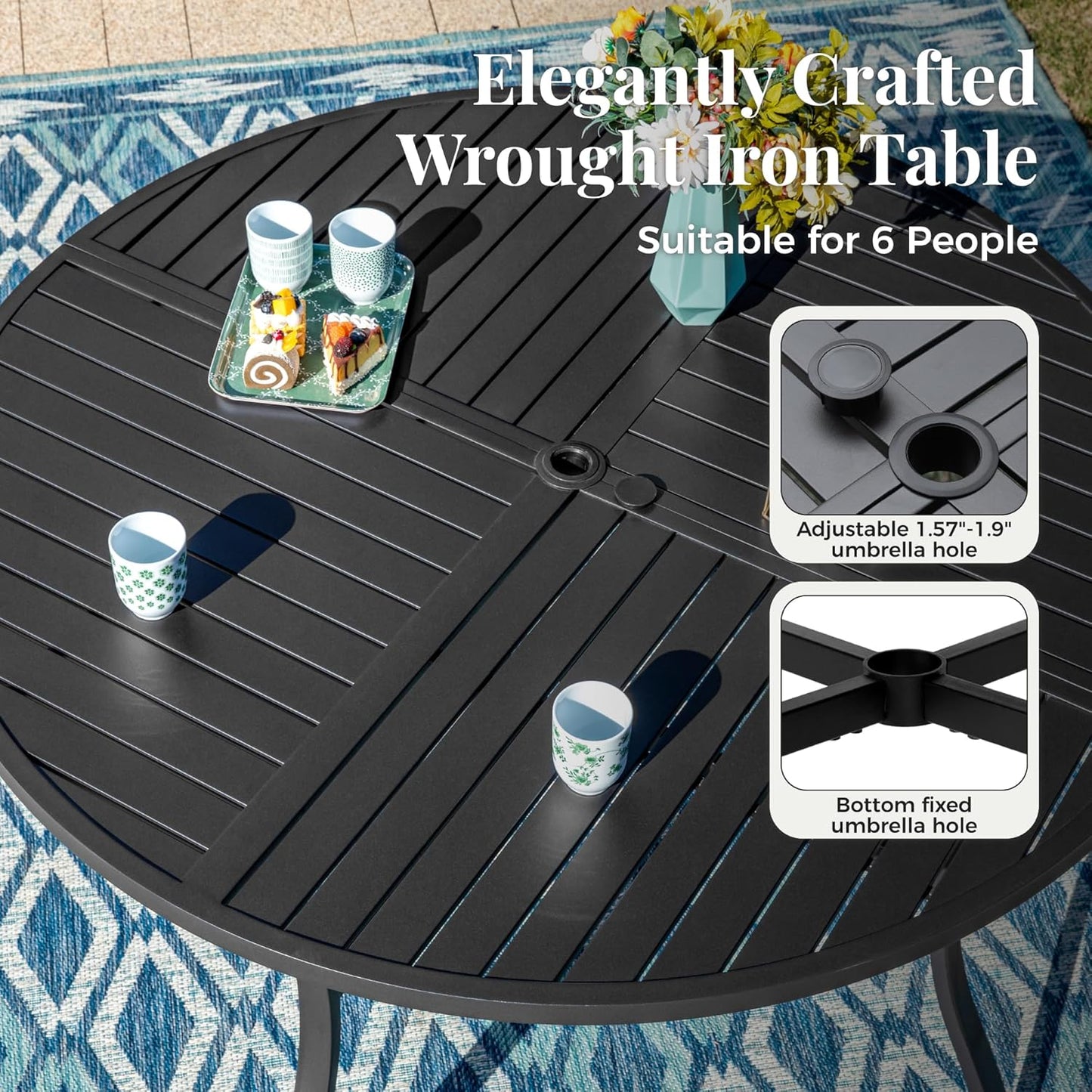 Outdoor Patio Round Dining Table, 54"x 54" Metal Slatted Round Tabletop with Adjustable Umbrella Hole for Deck Lawn Garden Backyard, Black