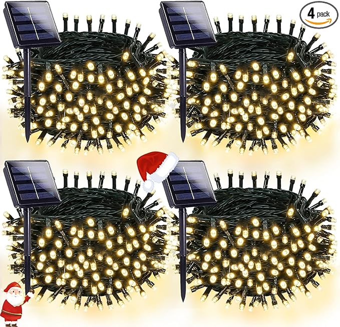 OZS 4 Pack 320LED Solar String Lights Outdoor, Waterproof 8 Modes Solar Tree Light, Green Wire Christmas Lights Outdoor for Garden, Party, Wedding, Christmas Decorations (Warm White)