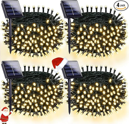 OZS 4 Pack 320LED Solar String Lights Outdoor, Waterproof 8 Modes Solar Tree Light, Green Wire Christmas Lights Outdoor for Garden, Party, Wedding, Christmas Decorations (Warm White)