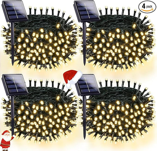OZS 4 Pack 320LED Solar String Lights Outdoor, Waterproof 8 Modes Solar Tree Light, Green Wire Christmas Lights Outdoor for Garden, Party, Wedding, Christmas Decorations (Warm White)